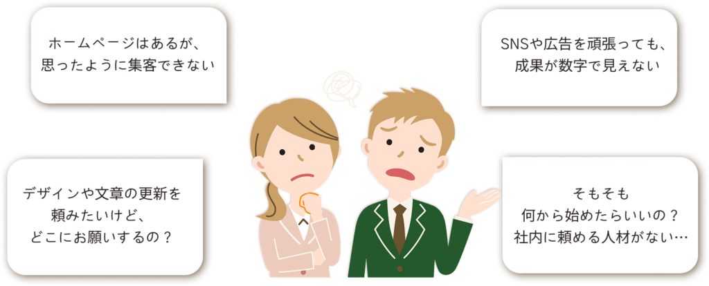 ホームページはあるが、
思ったように集客できない デザインや文章の更新を
頼みたいけど、
どこにお願いするの？ SNSや広告を頑張っても、
成果が数字で見えない そもそも
何から始めたらいいの？
社内に頼める人材がない…